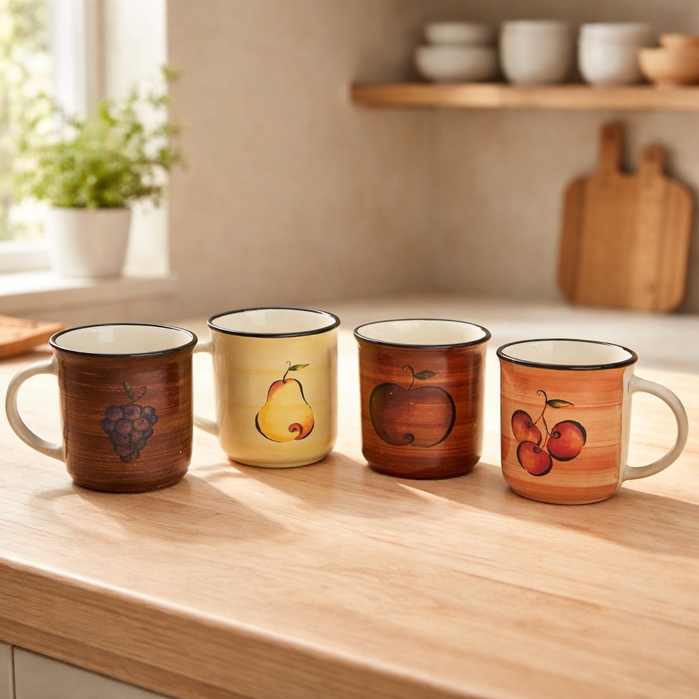 Set of 4 Oneida Vintage Farm House Coffee Mugs Cherry, Grape, Pear, and Apple